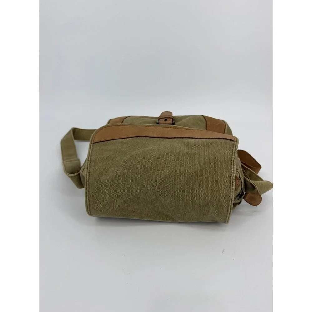LL Bean Canvas Messenger Bag Olive Green Leather Trim Crossbody Field Bag Vtg